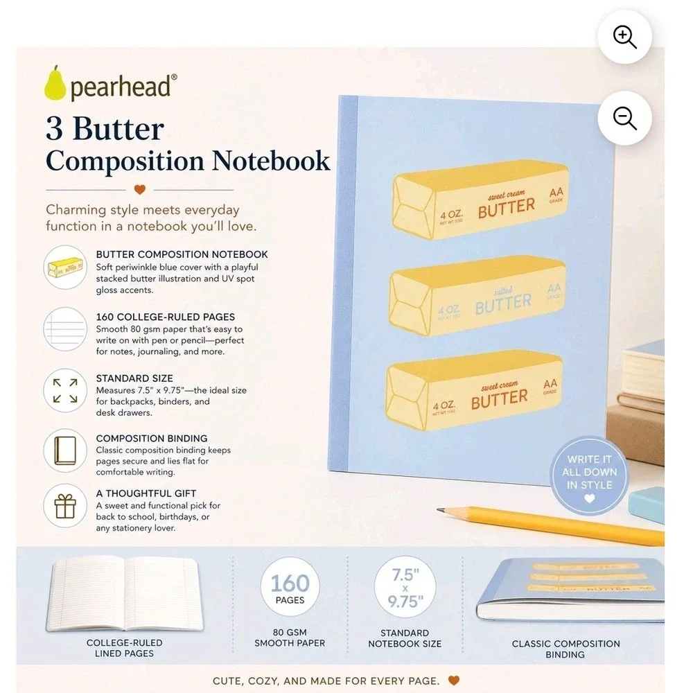 Pearhead Composition Notebook  7.5x9.75 Blue New Butter Print 160 Pages